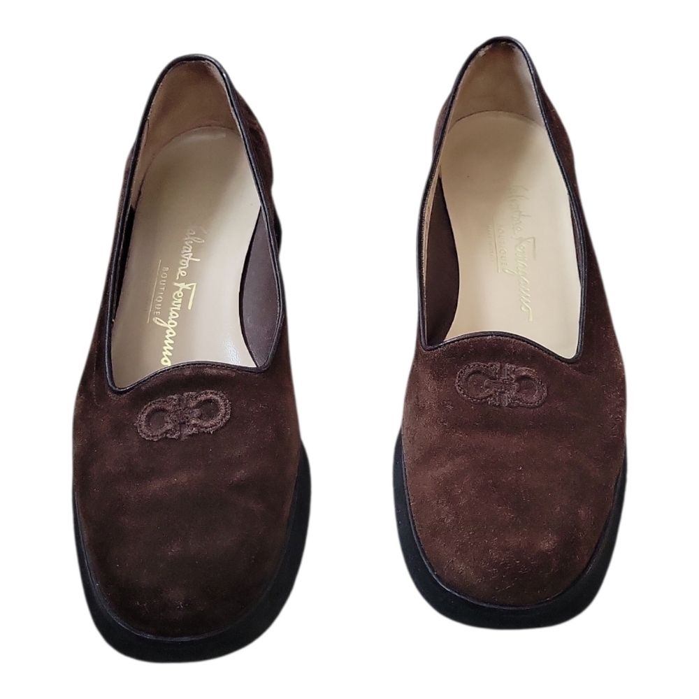 Salvatore Ferragamo Stitched Gancini Bit Wedge Loafer in Brown Suede - Picture 2 of 9